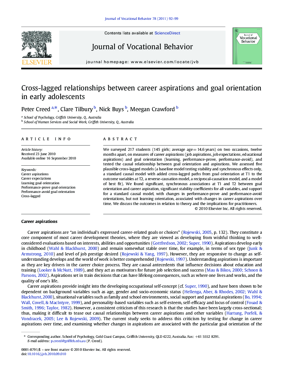 Cross-lagged relationships between career aspirations and goal orientation in early adolescents