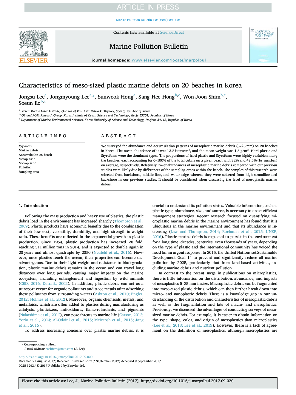 Characteristics of meso-sized plastic marine debris on 20 beaches in Korea