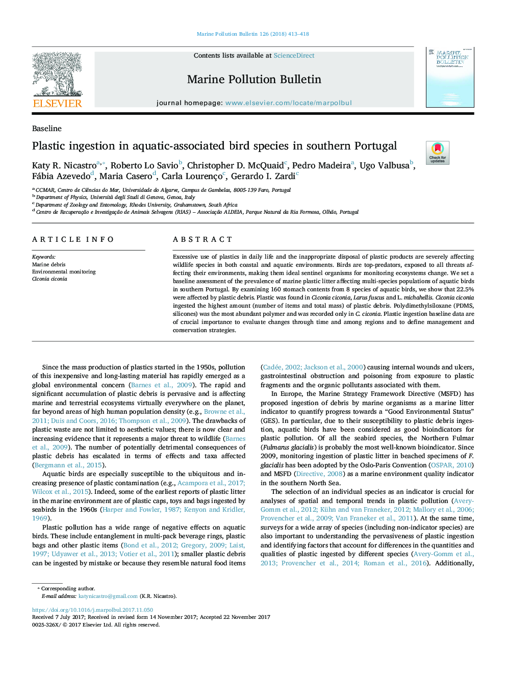 Plastic ingestion in aquatic-associated bird species in southern Portugal