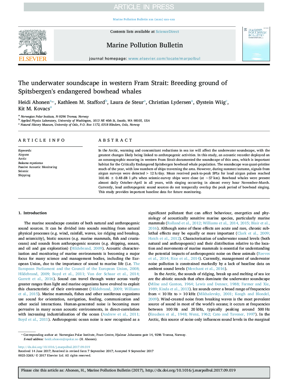 The underwater soundscape in western Fram Strait: Breeding ground of Spitsbergen's endangered bowhead whales