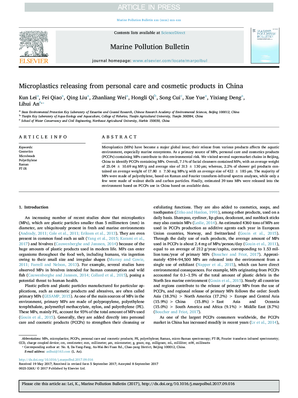 Microplastics releasing from personal care and cosmetic products in China