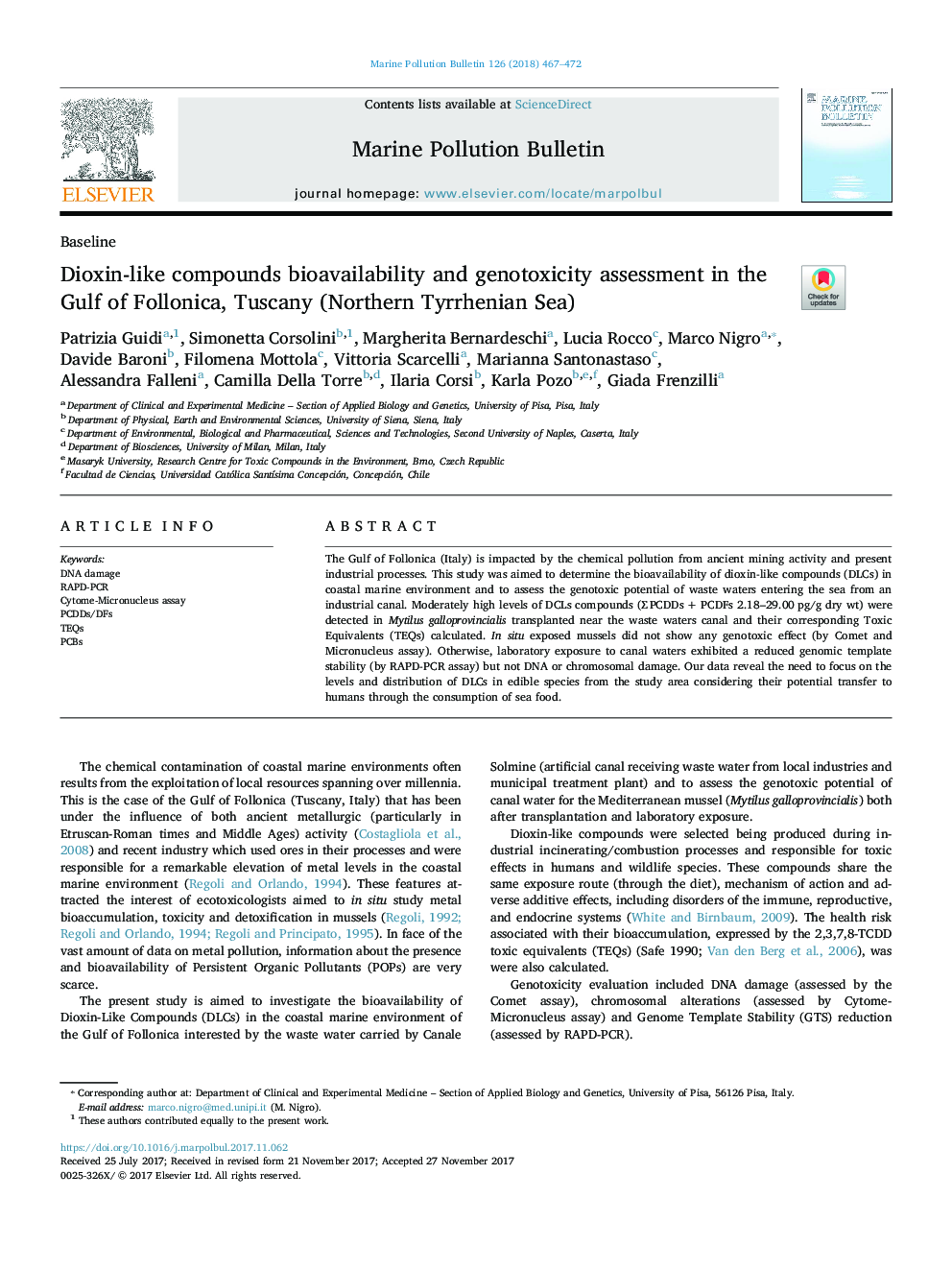 Dioxin-like compounds bioavailability and genotoxicity assessment in the Gulf of Follonica, Tuscany (Northern Tyrrhenian Sea)