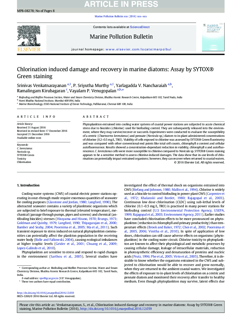 Chlorination induced damage and recovery in marine diatoms: Assay by SYTOX® Green staining