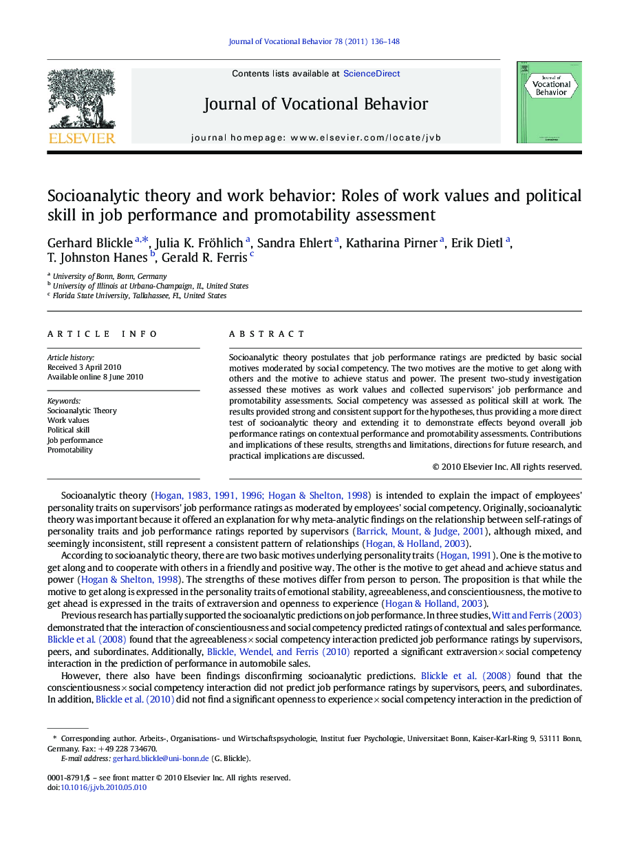 Socioanalytic theory and work behavior: Roles of work values and political skill in job performance and promotability assessment
