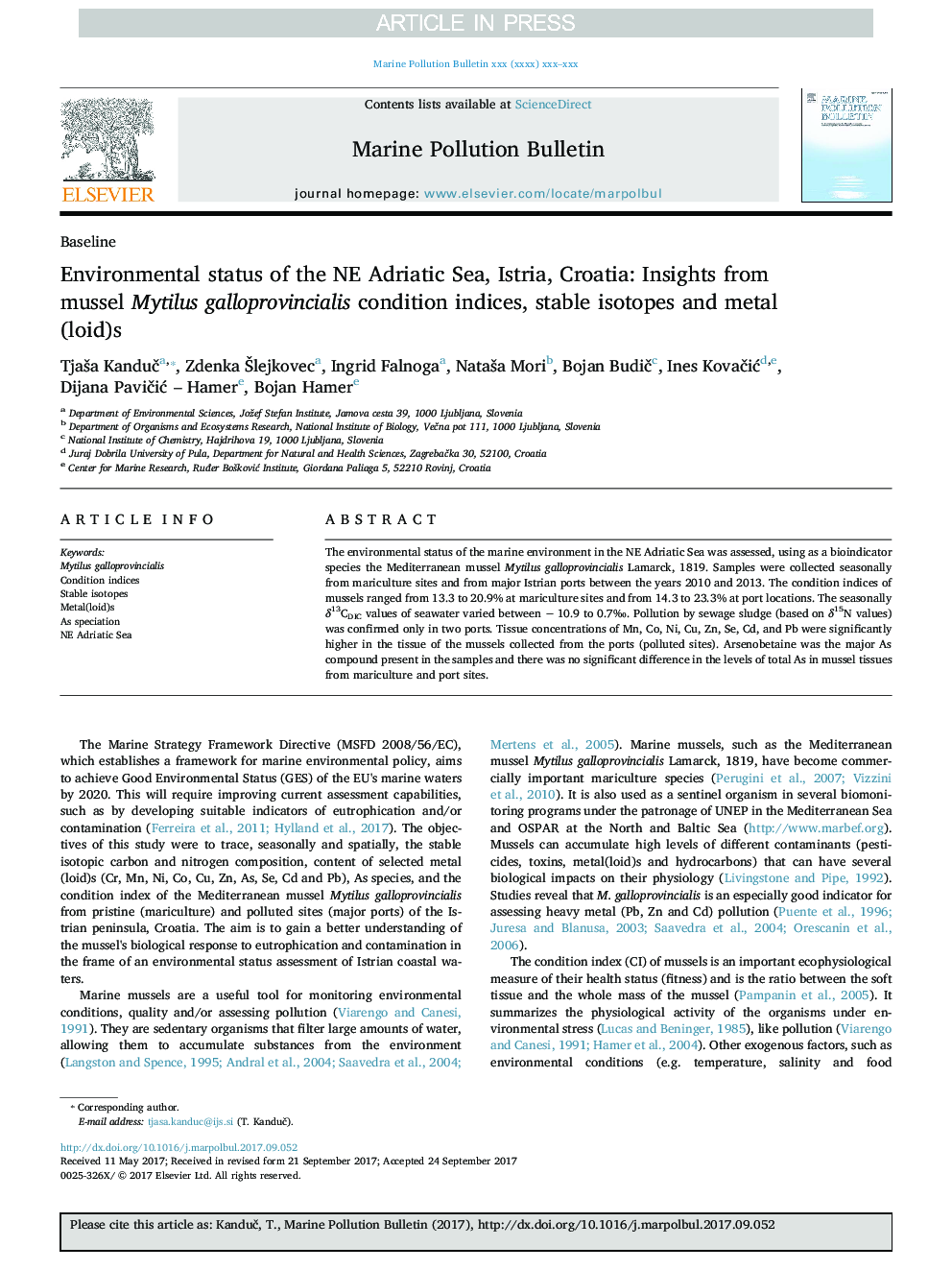 Environmental status of the NE Adriatic Sea, Istria, Croatia: Insights from mussel Mytilus galloprovincialis condition indices, stable isotopes and metal(loid)s