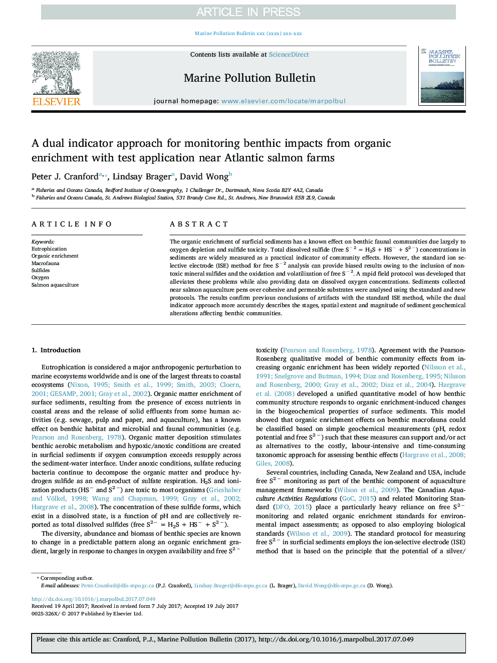 A dual indicator approach for monitoring benthic impacts from organic enrichment with test application near Atlantic salmon farms