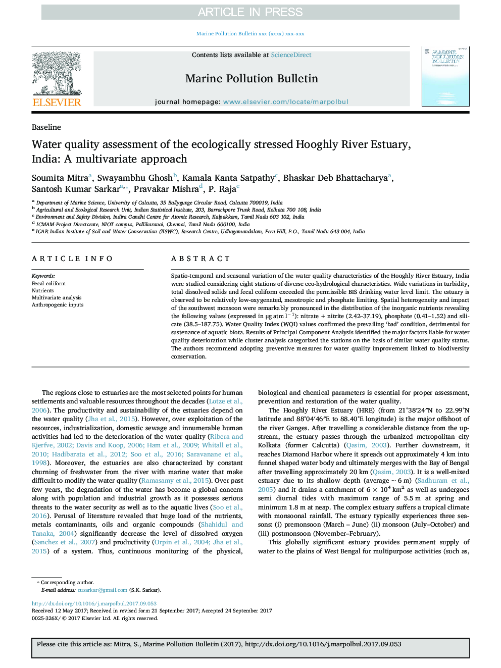 Water quality assessment of the ecologically stressed Hooghly River Estuary, India: A multivariate approach