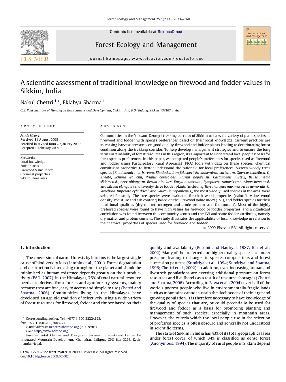 A scientific assessment of traditional knowledge on firewood and fodder values in Sikkim, India