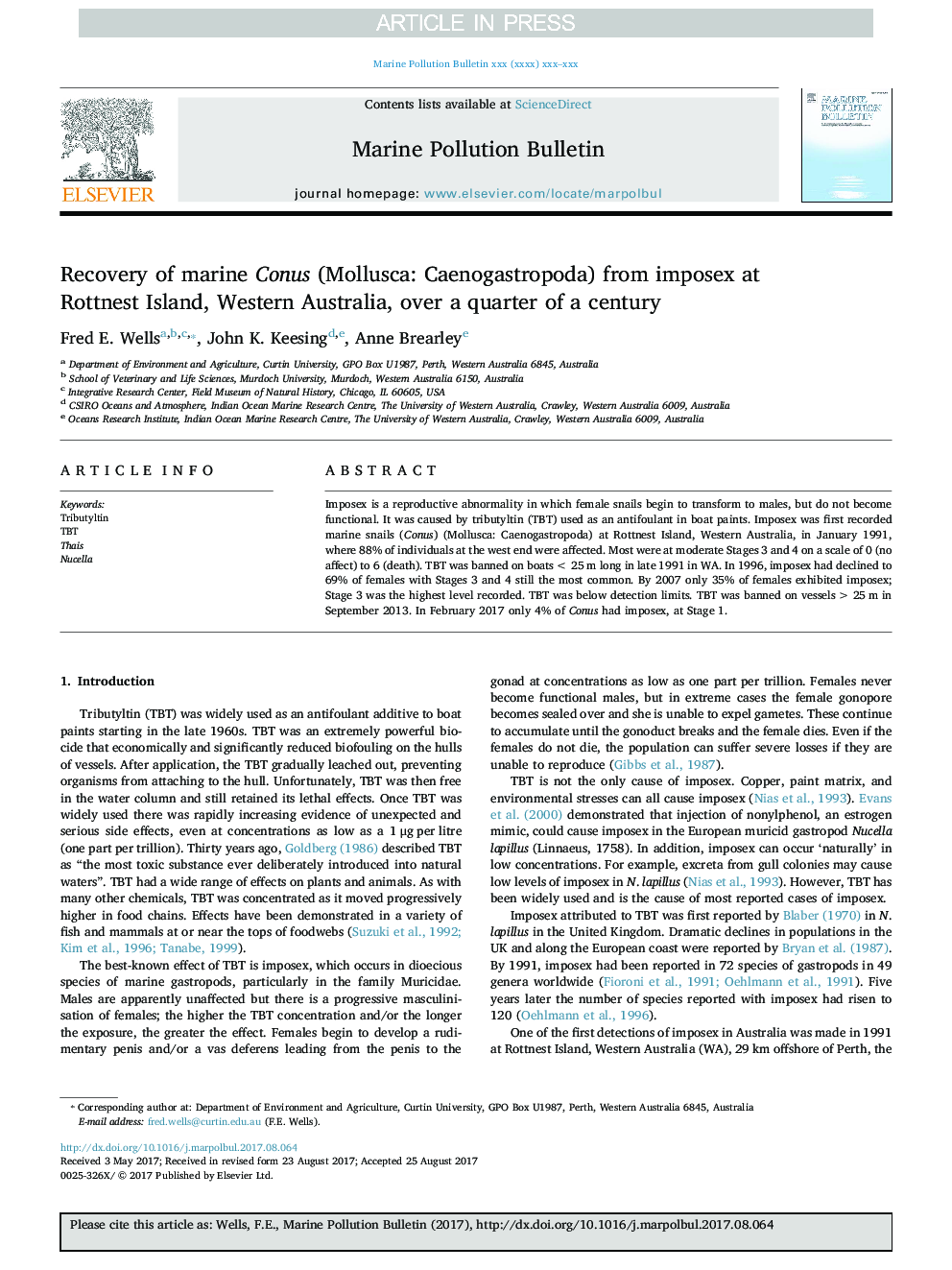 Recovery of marine Conus (Mollusca: Caenogastropoda) from imposex at Rottnest Island, Western Australia, over a quarter of a century