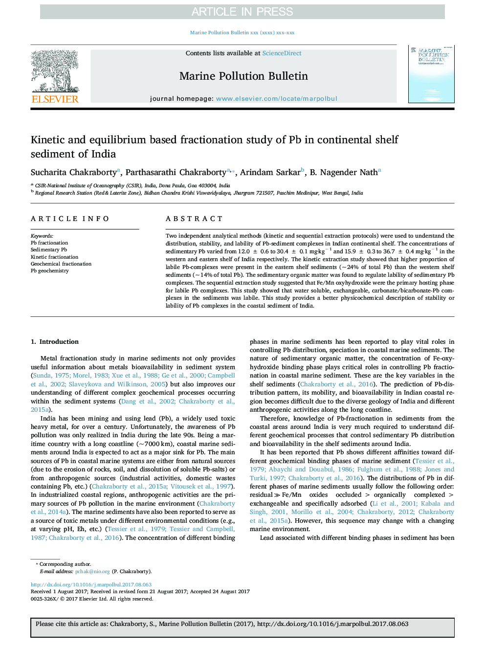 Kinetic and equilibrium based fractionation study of Pb in continental shelf sediment of India