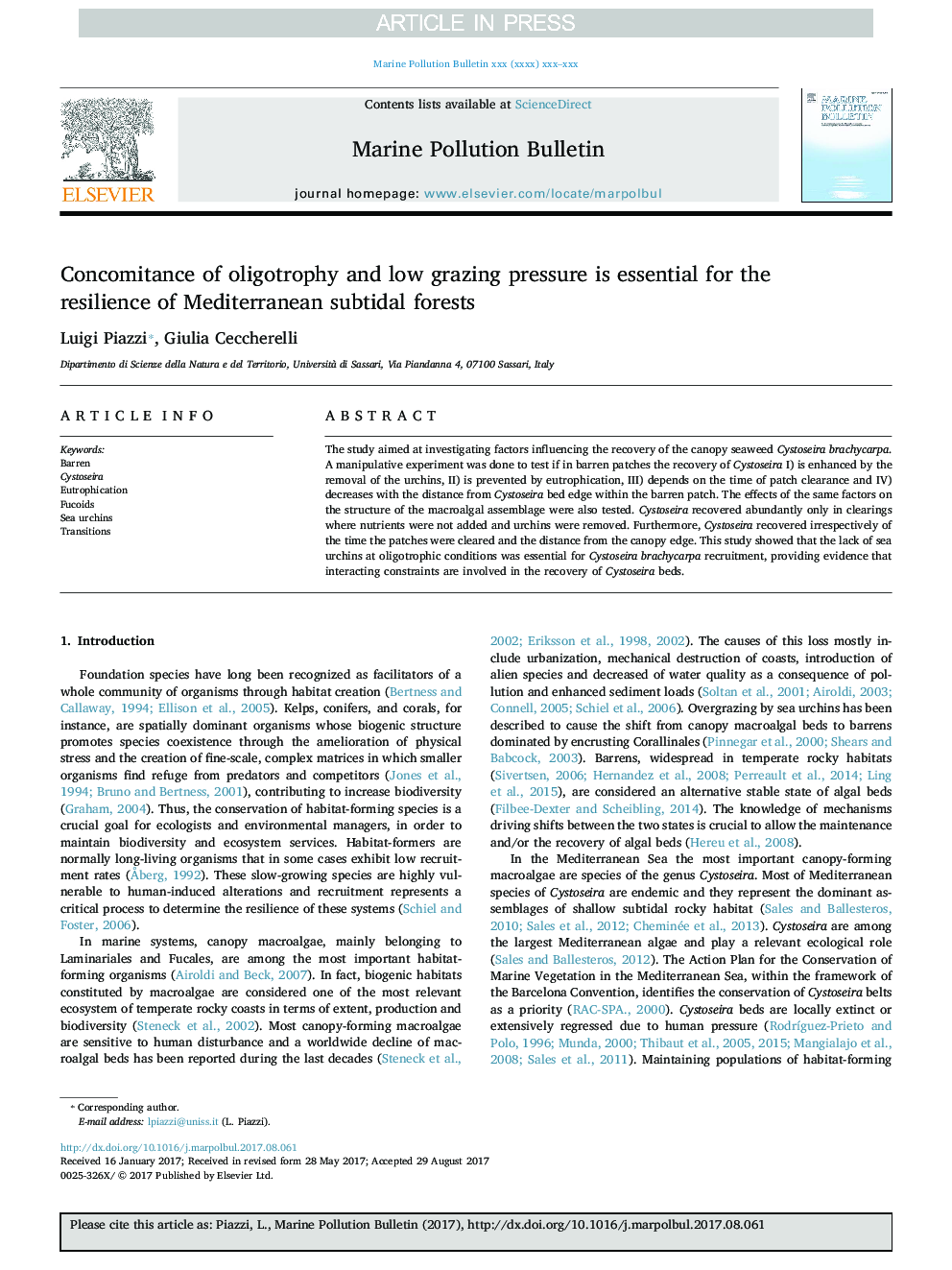 Concomitance of oligotrophy and low grazing pressure is essential for the resilience of Mediterranean subtidal forests