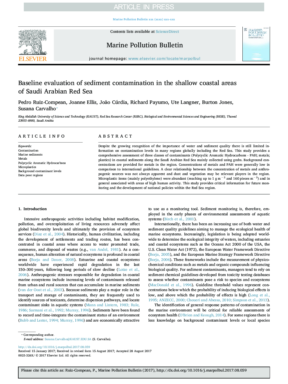 Baseline evaluation of sediment contamination in the shallow coastal areas of Saudi Arabian Red Sea