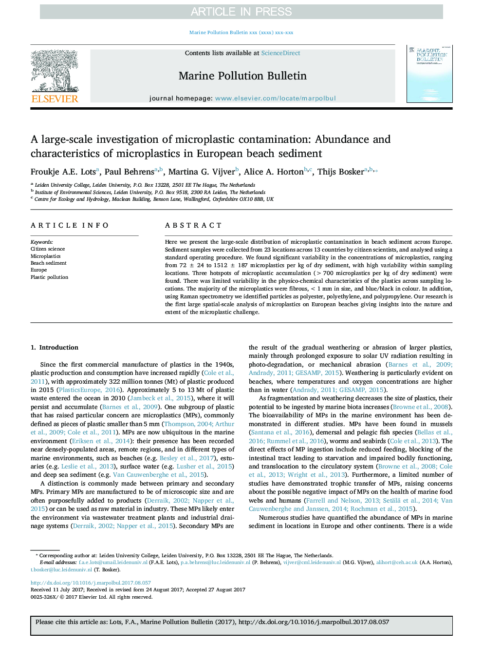 A large-scale investigation of microplastic contamination: Abundance and characteristics of microplastics in European beach sediment