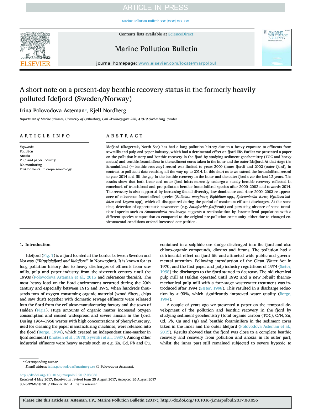 A short note on a present-day benthic recovery status in the formerly heavily polluted Idefjord (Sweden/Norway)