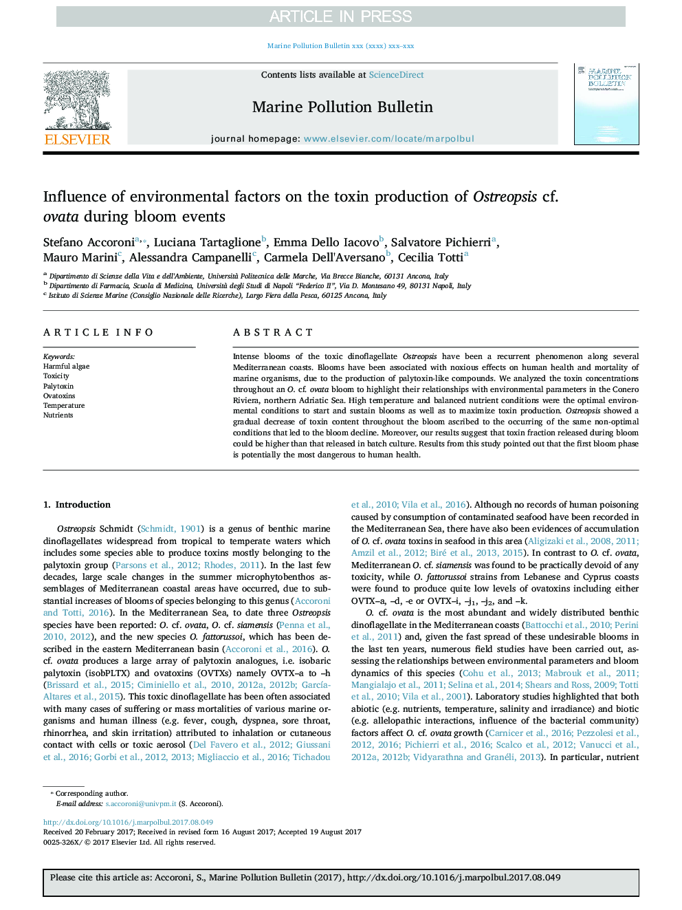 Influence of environmental factors on the toxin production of Ostreopsis cf. ovata during bloom events