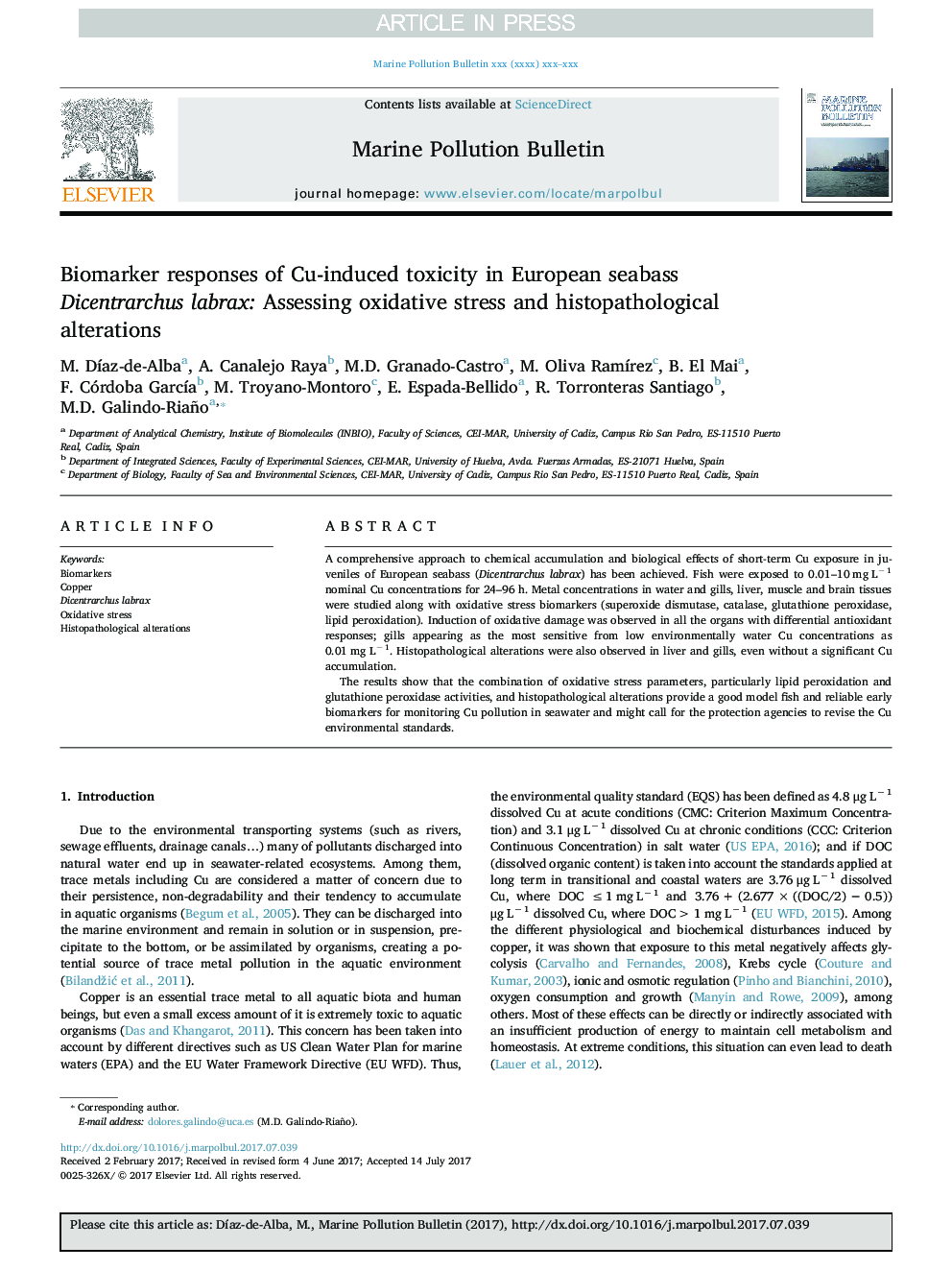 Biomarker responses of Cu-induced toxicity in European seabass Dicentrarchus labrax: Assessing oxidative stress and histopathological alterations