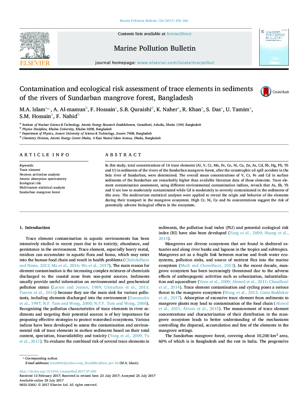 Contamination and ecological risk assessment of trace elements in sediments of the rivers of Sundarban mangrove forest, Bangladesh