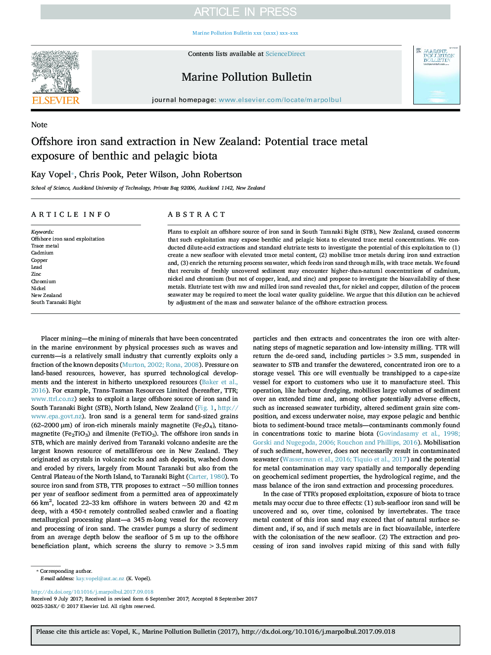 Offshore iron sand extraction in New Zealand: Potential trace metal exposure of benthic and pelagic biota