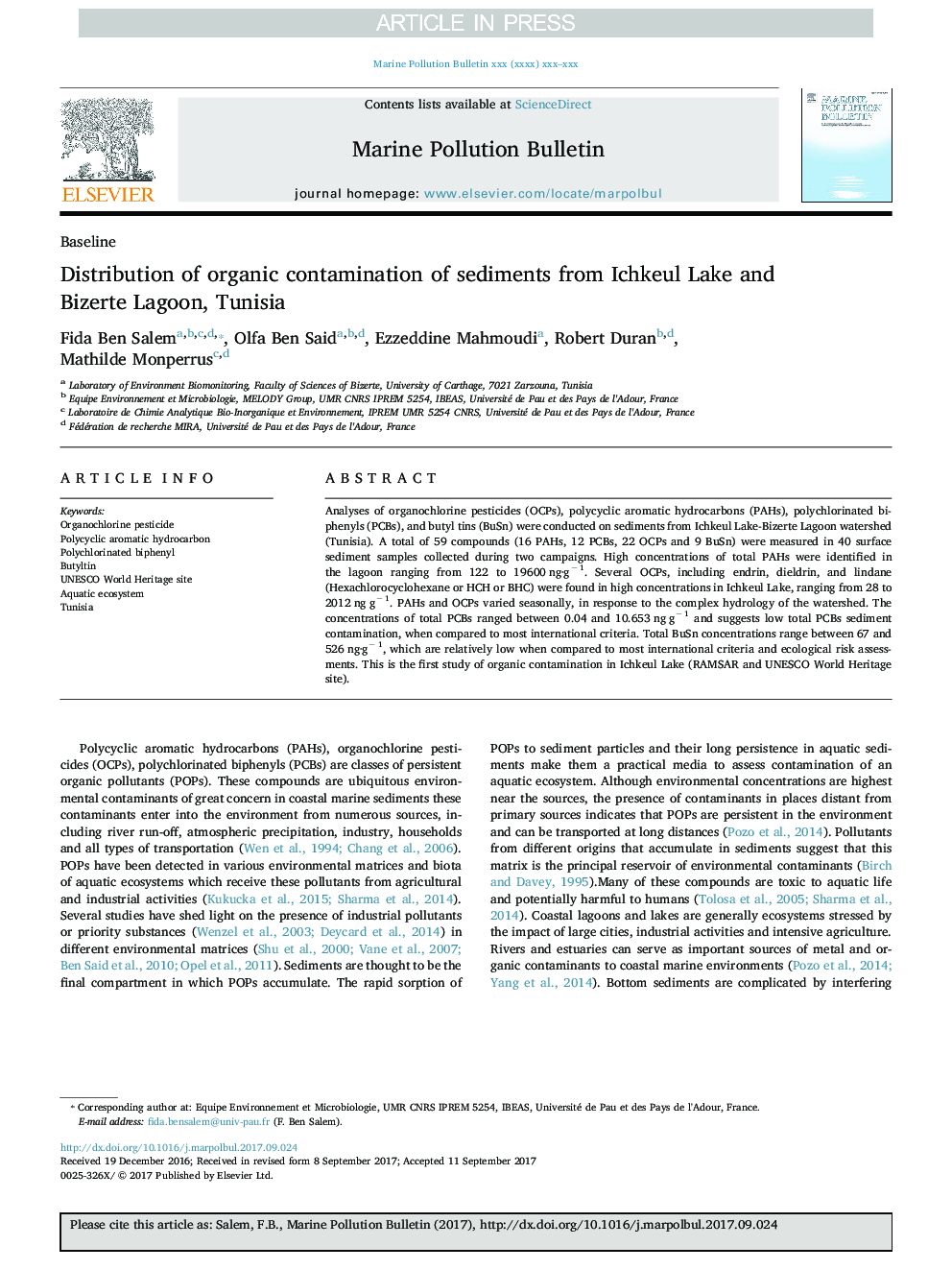 Distribution of organic contamination of sediments from Ichkeul Lake and Bizerte Lagoon, Tunisia