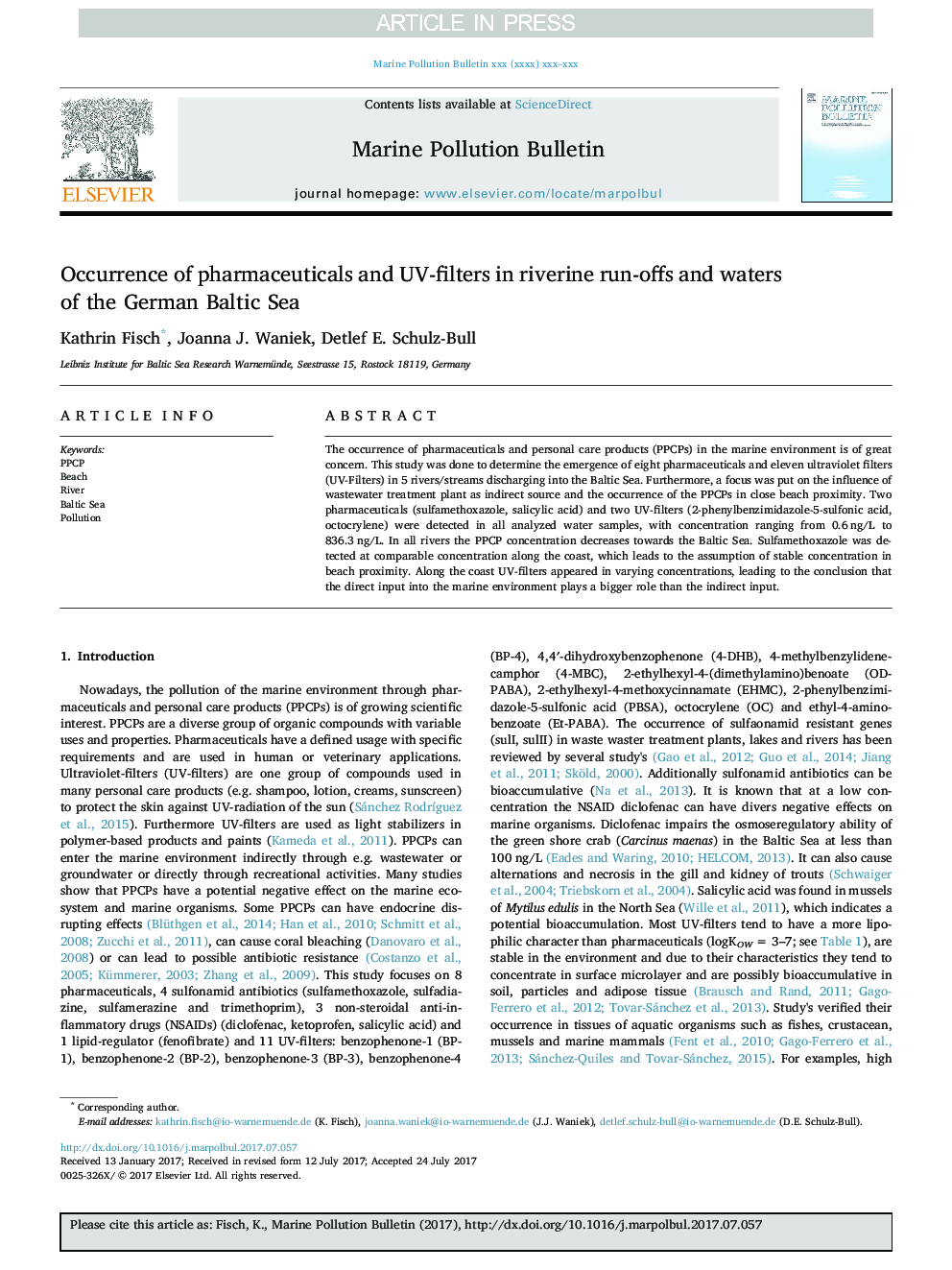 Occurrence of pharmaceuticals and UV-filters in riverine run-offs and waters of the German Baltic Sea