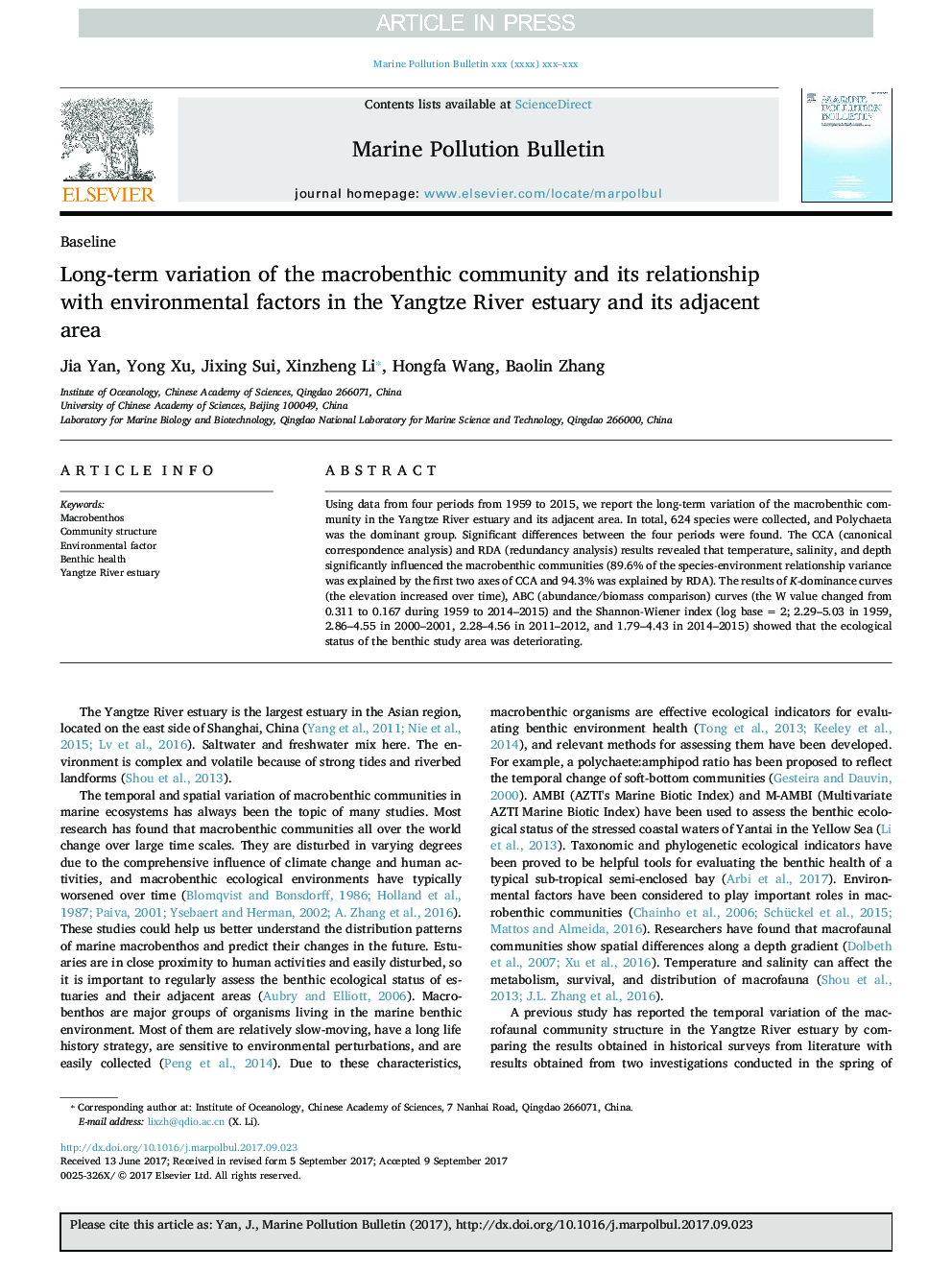 Long-term variation of the macrobenthic community and its relationship with environmental factors in the Yangtze River estuary and its adjacent area