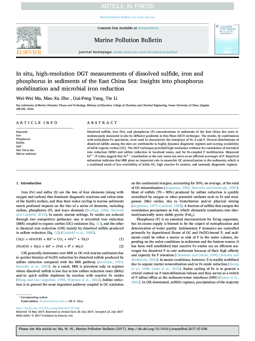 In situ, high-resolution DGT measurements of dissolved sulfide, iron and phosphorus in sediments of the East China Sea: Insights into phosphorus mobilization and microbial iron reduction