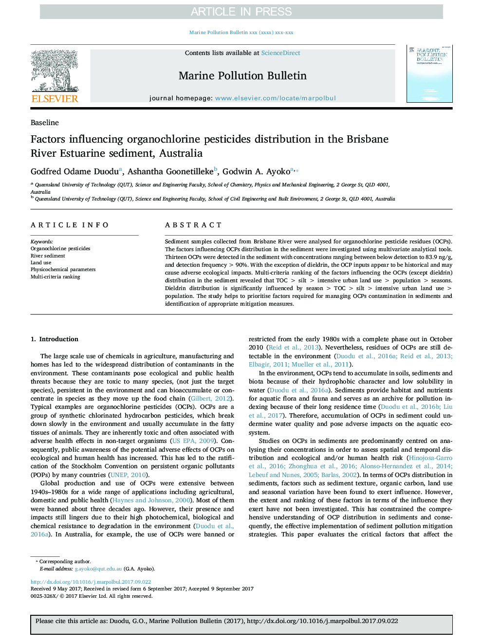 Factors influencing organochlorine pesticides distribution in the Brisbane River Estuarine sediment, Australia