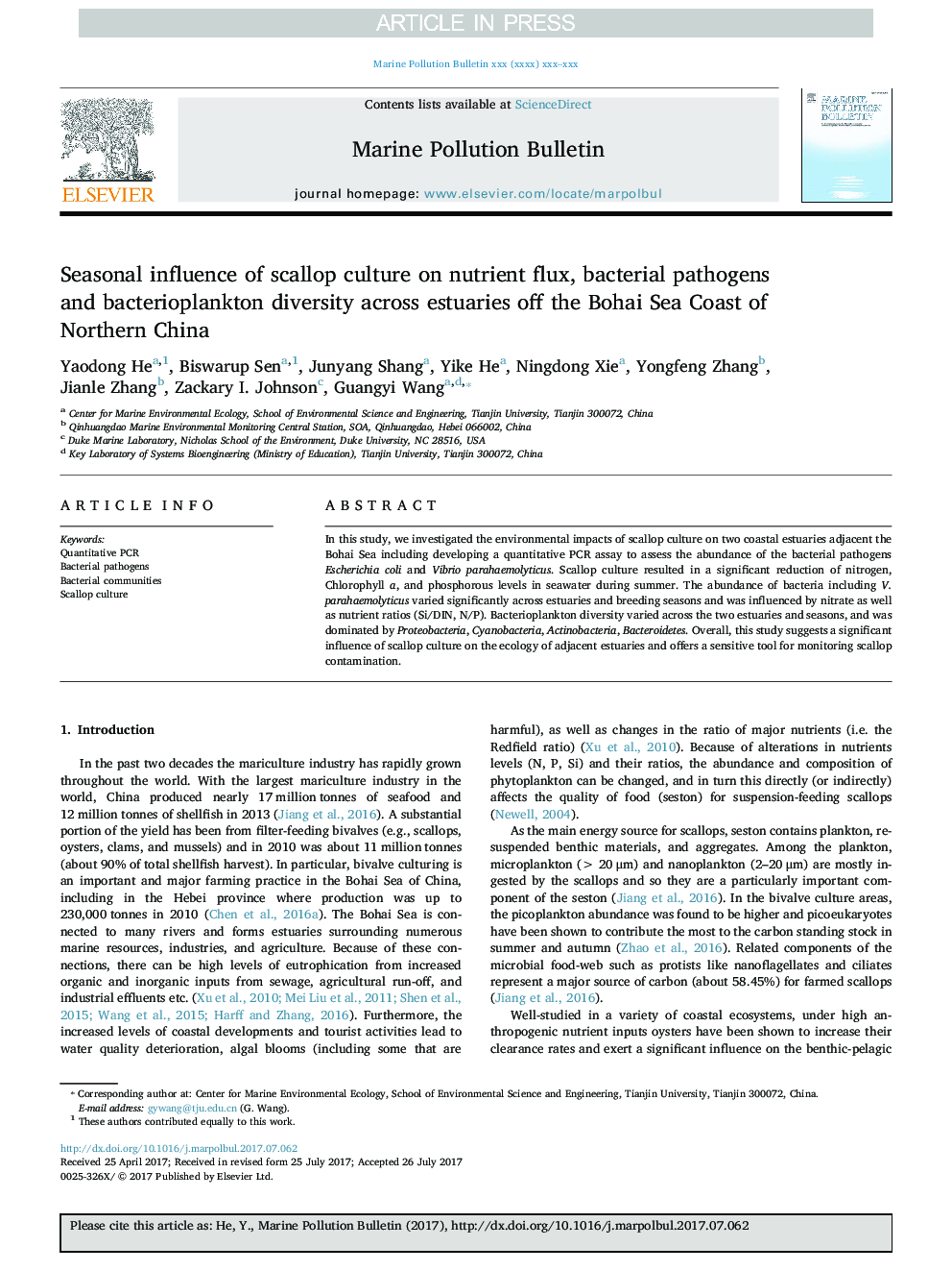 Seasonal influence of scallop culture on nutrient flux, bacterial pathogens and bacterioplankton diversity across estuaries off the Bohai Sea Coast of Northern China