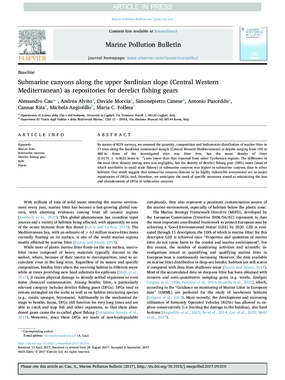 Submarine canyons along the upper Sardinian slope (Central Western Mediterranean) as repositories for derelict fishing gears