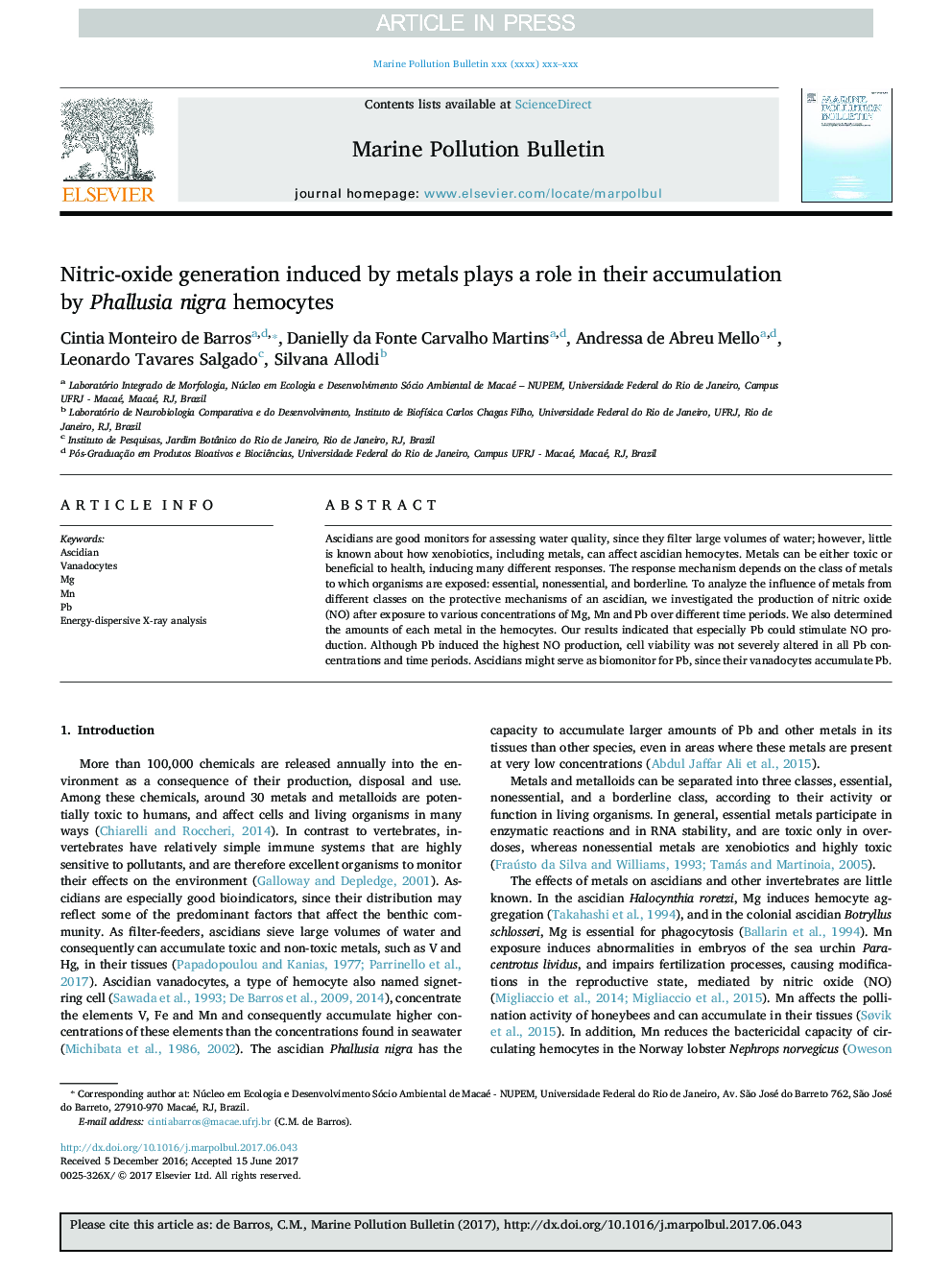 Nitric-oxide generation induced by metals plays a role in their accumulation by Phallusia nigra hemocytes