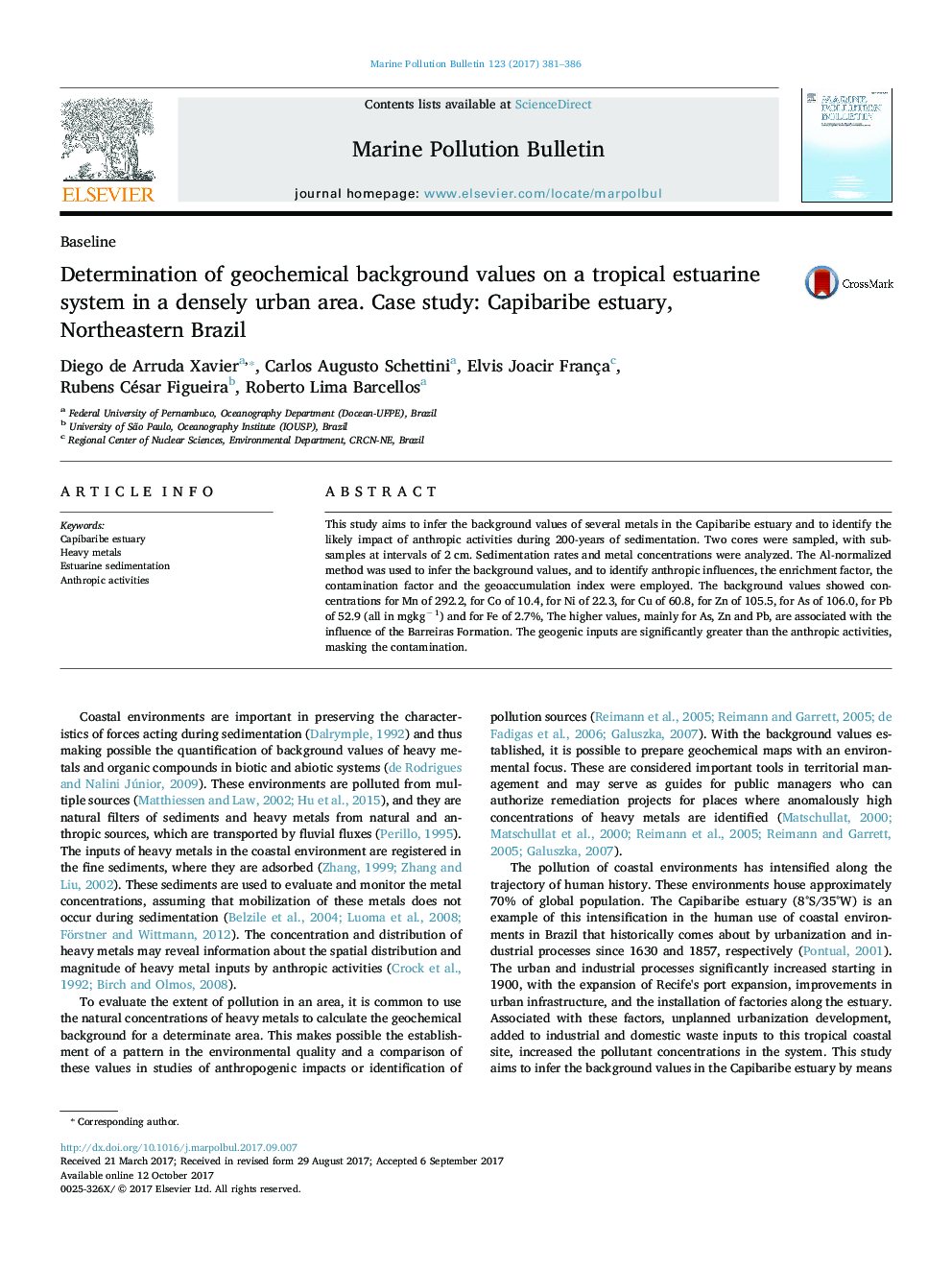 Determination of geochemical background values on a tropical estuarine system in a densely urban area. Case study: Capibaribe estuary, Northeastern Brazil