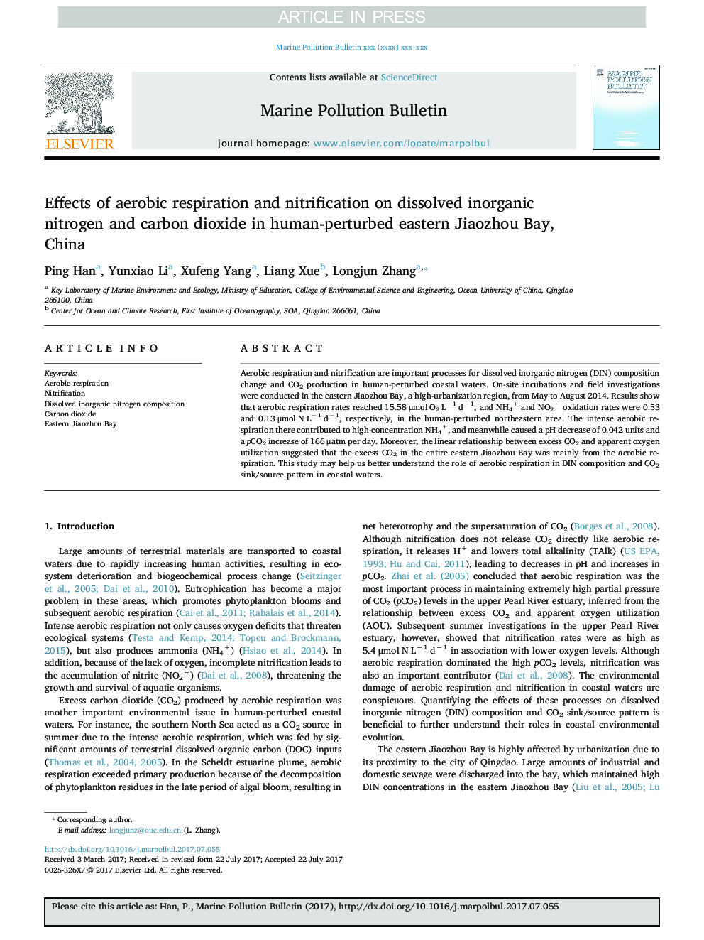 Effects of aerobic respiration and nitrification on dissolved inorganic nitrogen and carbon dioxide in human-perturbed eastern Jiaozhou Bay, China