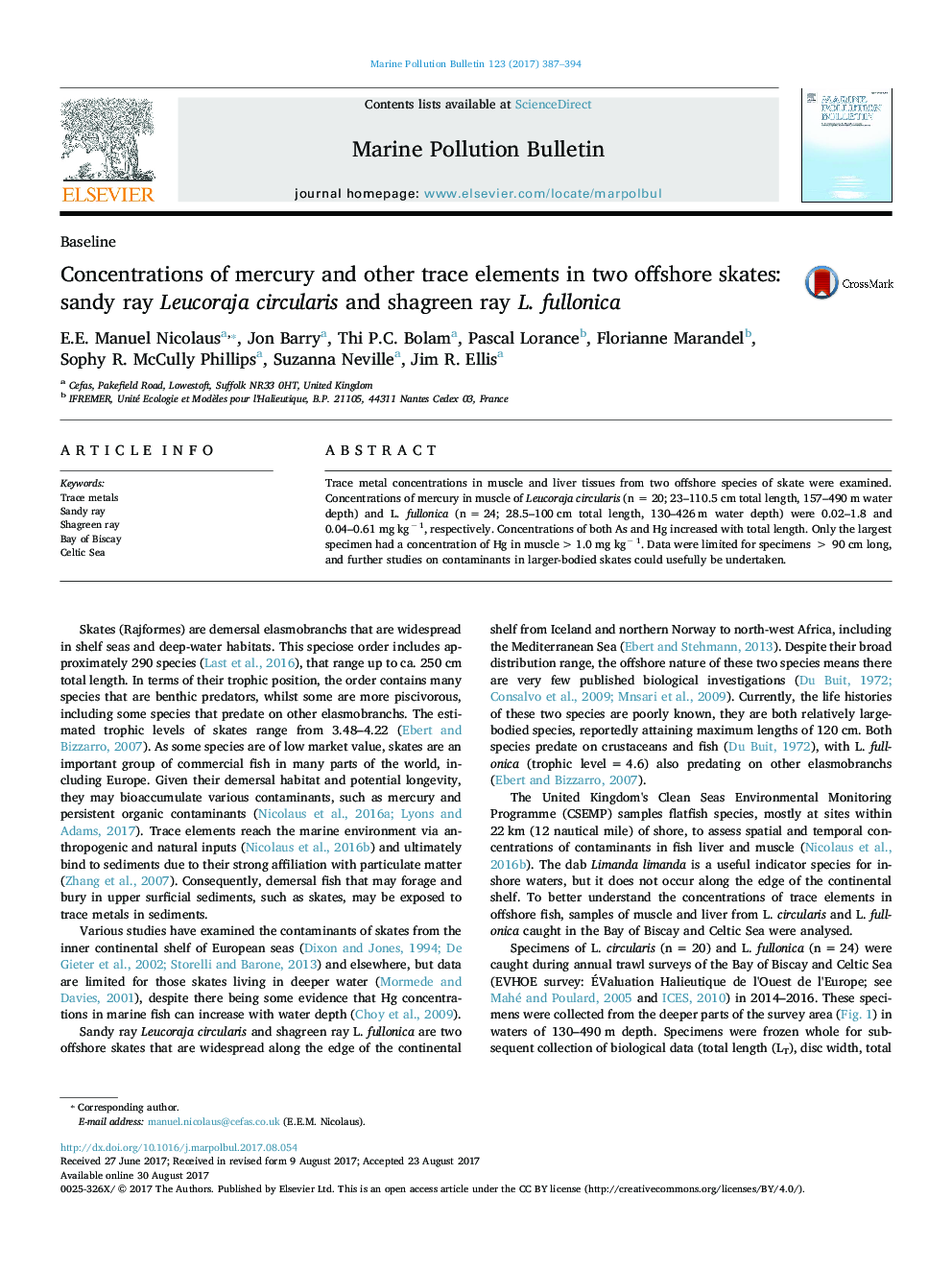 Concentrations of mercury and other trace elements in two offshore skates: sandy ray Leucoraja circularis and shagreen ray L. fullonica