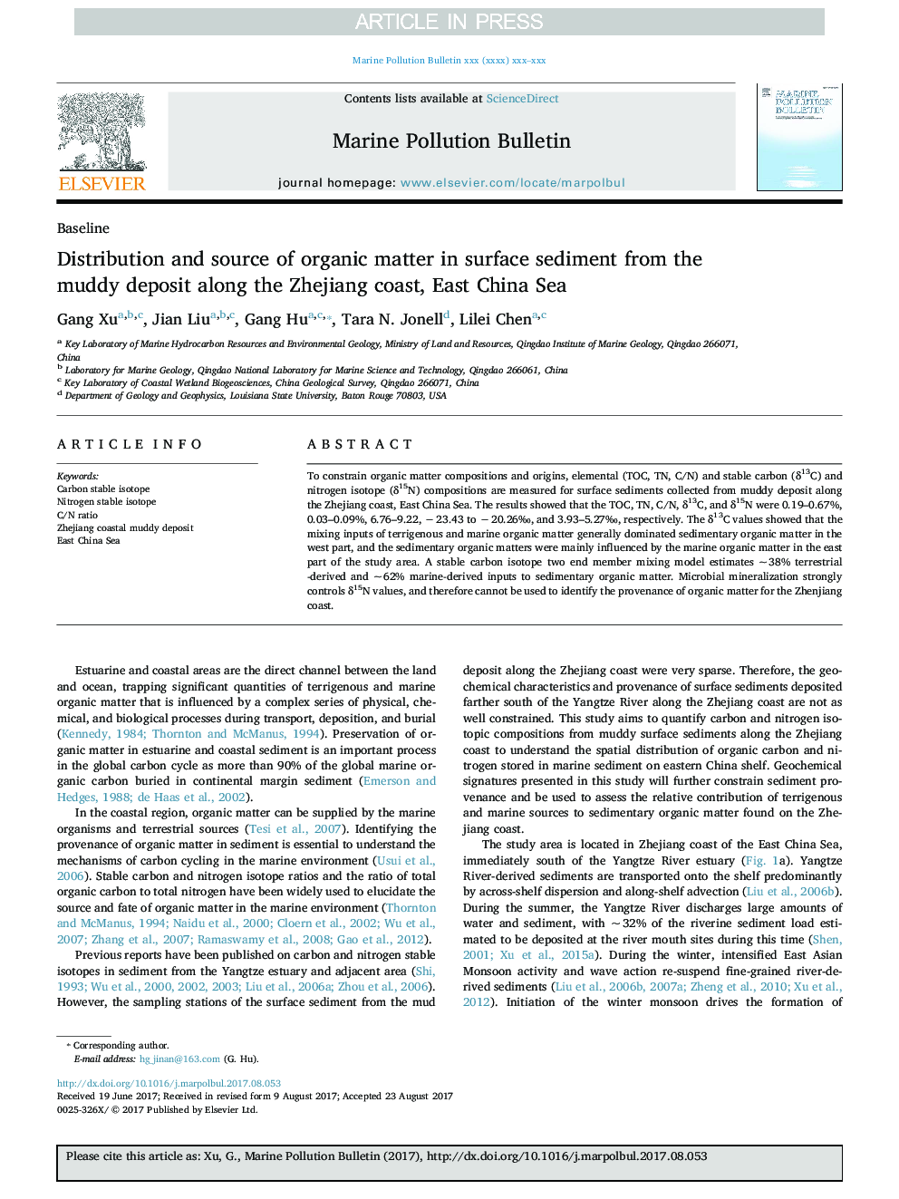 Distribution and source of organic matter in surface sediment from the muddy deposit along the Zhejiang coast, East China Sea