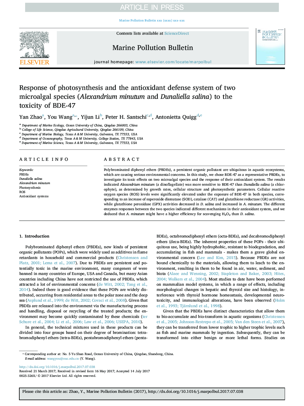 Response of photosynthesis and the antioxidant defense system of two microalgal species (Alexandrium minutum and Dunaliella salina) to the toxicity of BDE-47