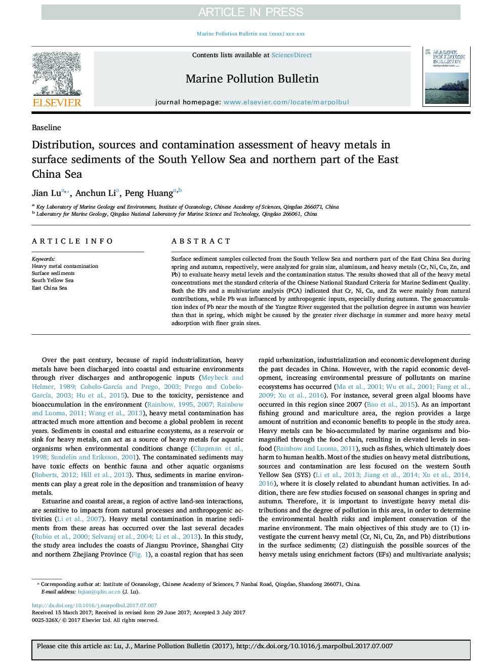 Distribution, sources and contamination assessment of heavy metals in surface sediments of the South Yellow Sea and northern part of the East China Sea