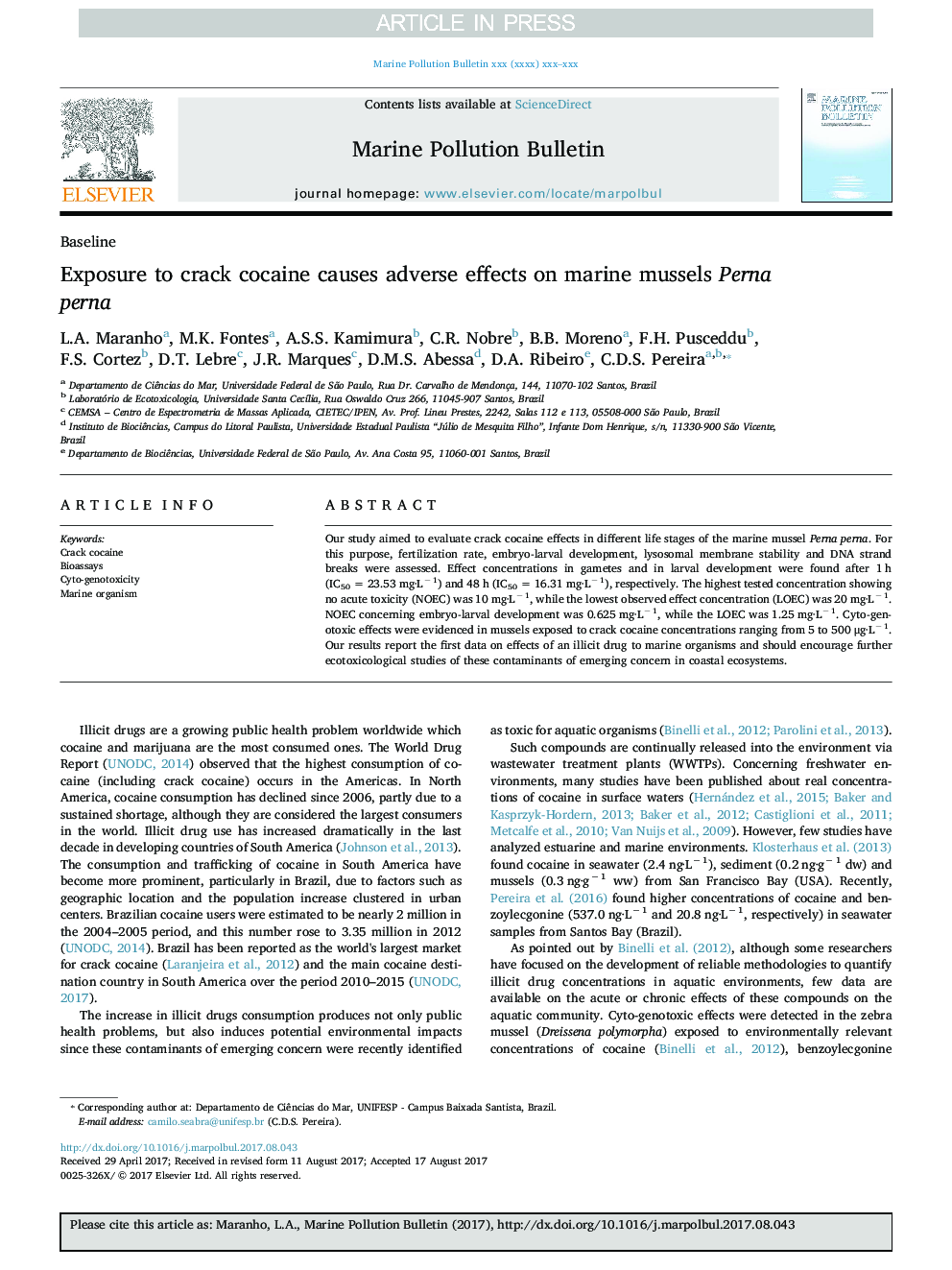 Exposure to crack cocaine causes adverse effects on marine mussels Perna perna