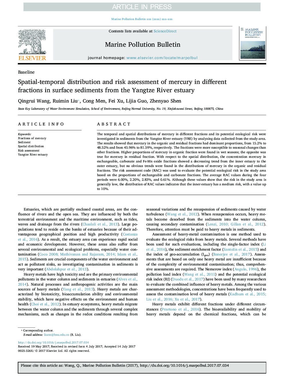 Spatial-temporal distribution and risk assessment of mercury in different fractions in surface sediments from the Yangtze River estuary