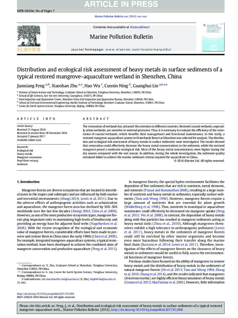 Distribution and ecological risk assessment of heavy metals in surface sediments of a typical restored mangrove-aquaculture wetland in Shenzhen, China