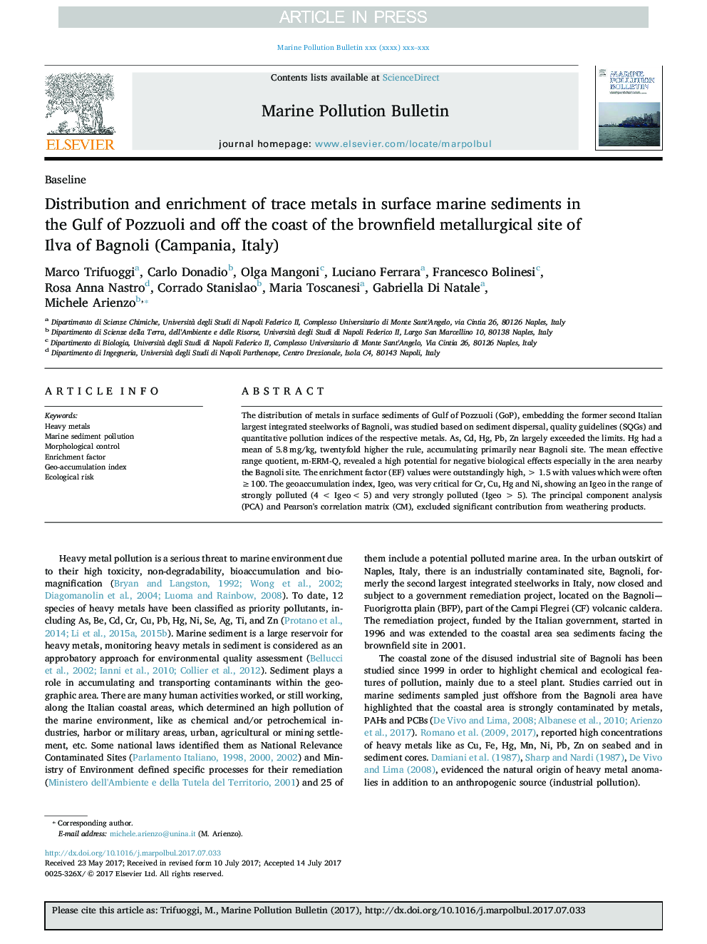 Distribution and enrichment of trace metals in surface marine sediments in the Gulf of Pozzuoli and off the coast of the brownfield metallurgical site of Ilva of Bagnoli (Campania, Italy)