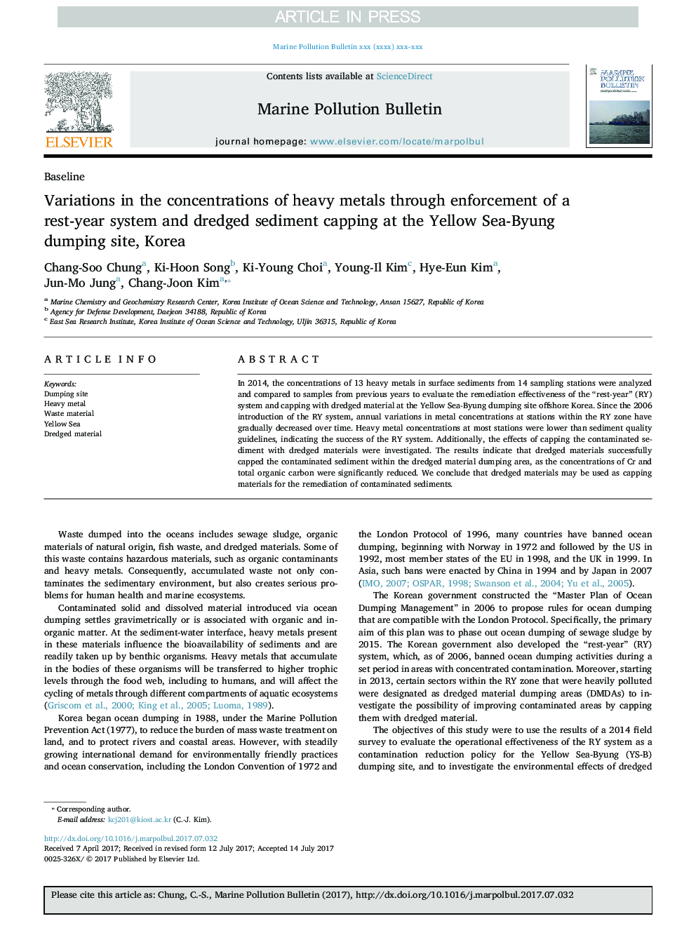 Variations in the concentrations of heavy metals through enforcement of a rest-year system and dredged sediment capping at the Yellow Sea-Byung dumping site, Korea