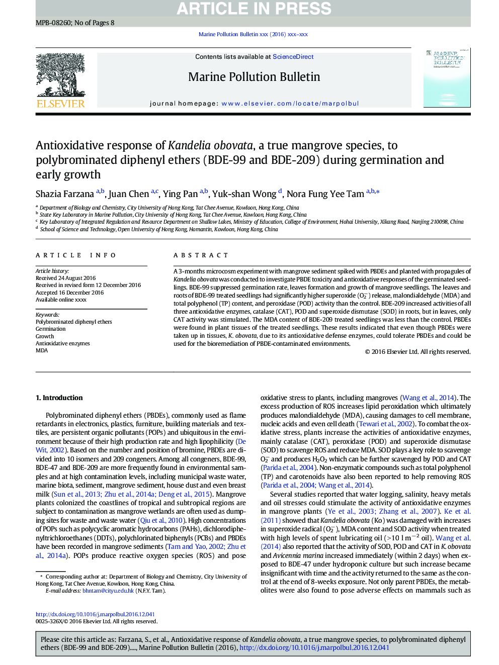 Antioxidative response of Kandelia obovata, a true mangrove species, to polybrominated diphenyl ethers (BDE-99 and BDE-209) during germination and early growth