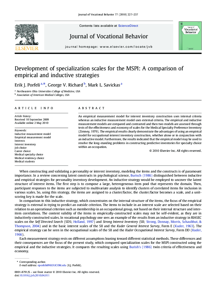 Development of specialization scales for the MSPI: A comparison of empirical and inductive strategies