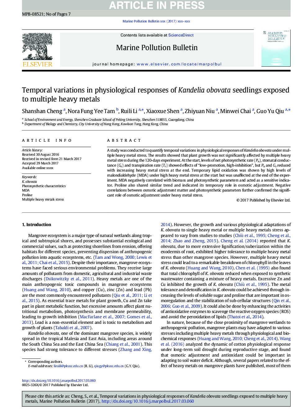 Temporal variations in physiological responses of Kandelia obovata seedlings exposed to multiple heavy metals