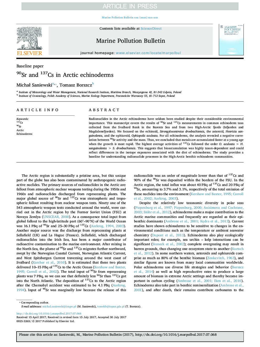 90Sr and 137Cs in Arctic echinoderms