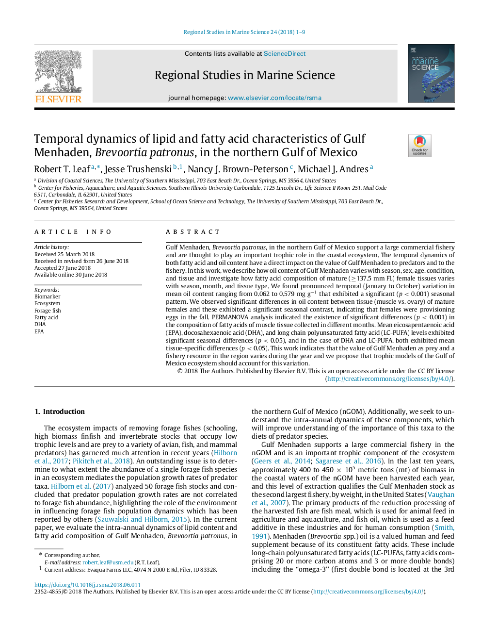 Temporal dynamics of lipid and fatty acid characteristics of Gulf Menhaden, Brevoortia patronus, in the northern Gulf of Mexico