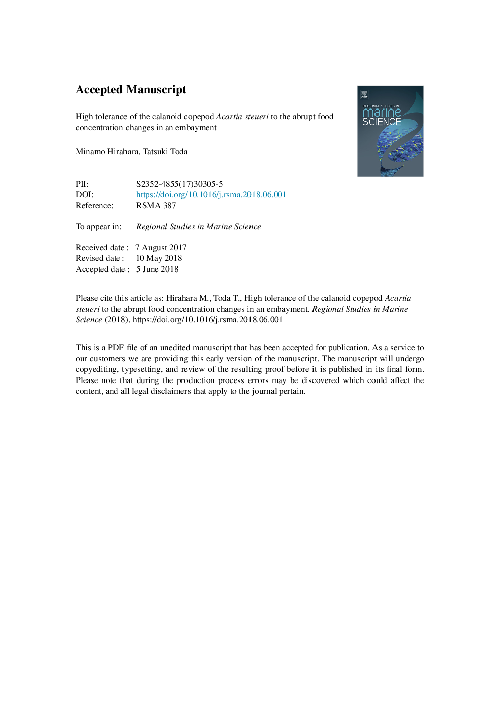 High tolerance of the calanoid copepod Acartia steueri to the abrupt food concentration changes in an embayment