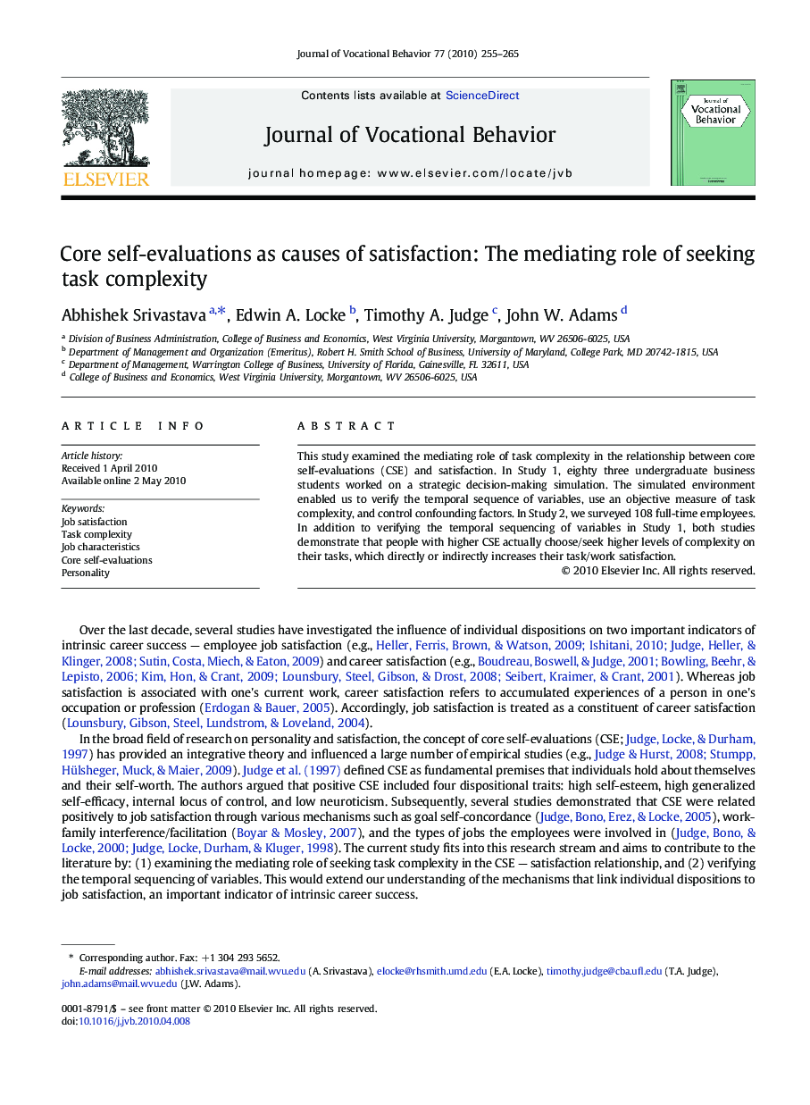 Core self-evaluations as causes of satisfaction: The mediating role of seeking task complexity