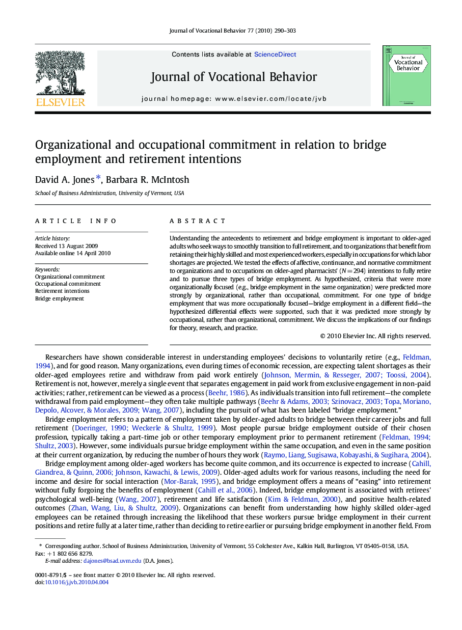 Organizational and occupational commitment in relation to bridge employment and retirement intentions