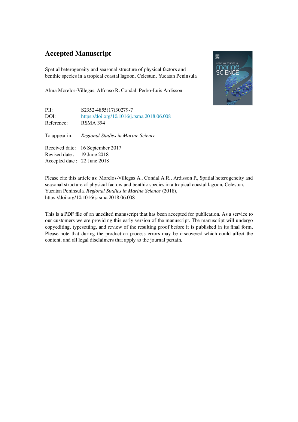 ناهمگونی فضایی و ساختار فصلی عوامل فیزیکی و گونه های بنتون در یک تالاب ساحلی گرمسیری، سلستون، شبه جزیره یوکاتان 